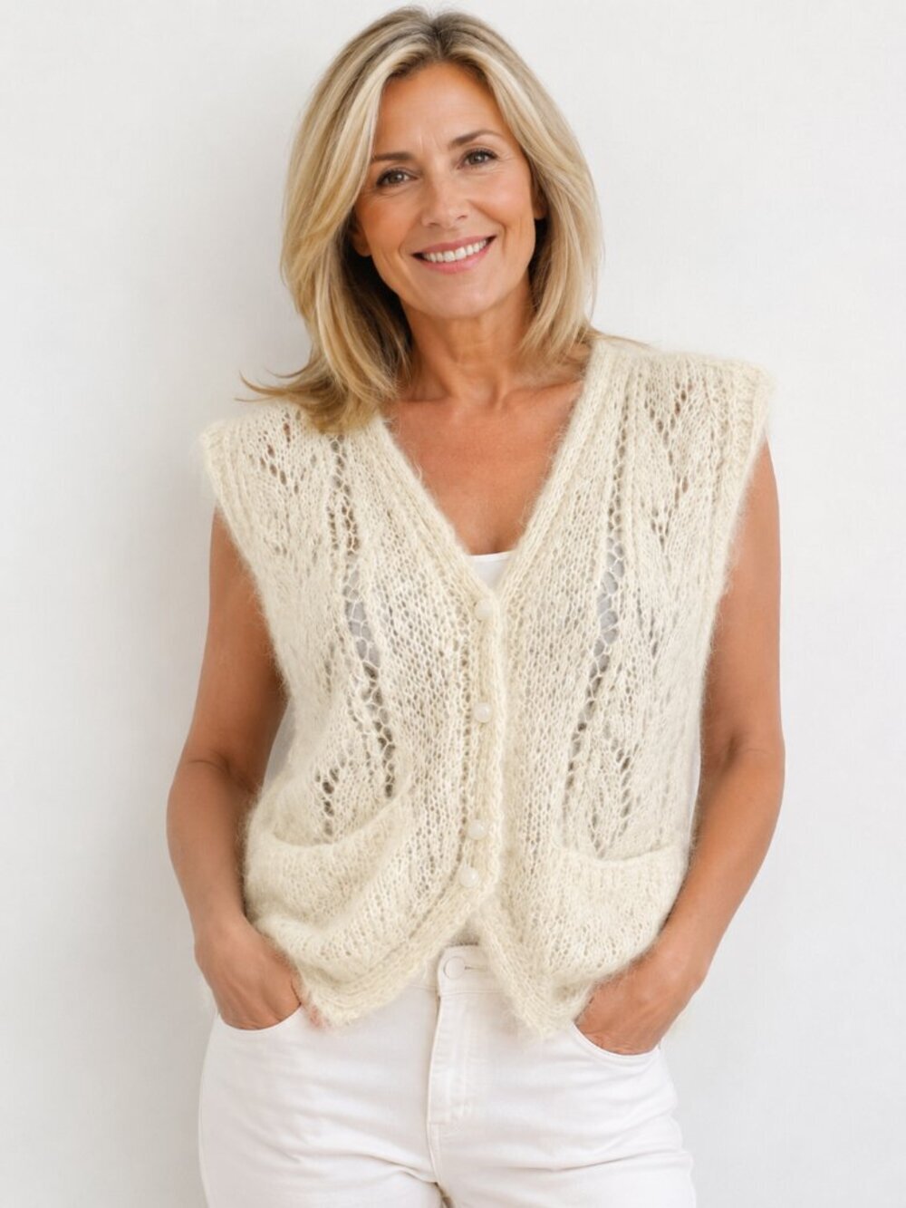 Soft Ivory Knit Button-Front Sweater Vest